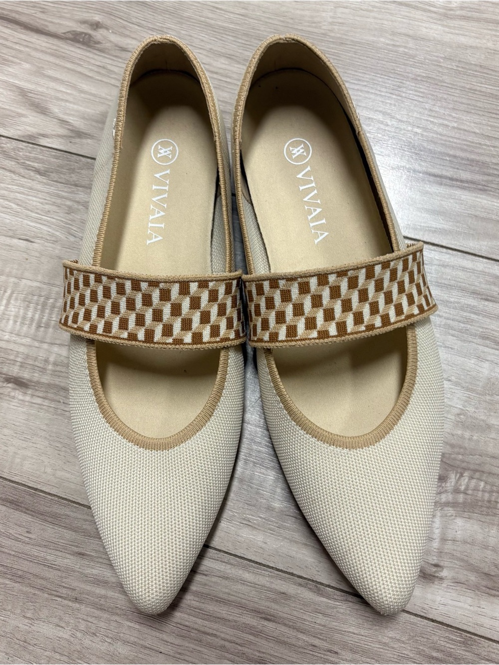 VIVAIA Cream Pointed Mary Jane Flats with Tan Check Strap